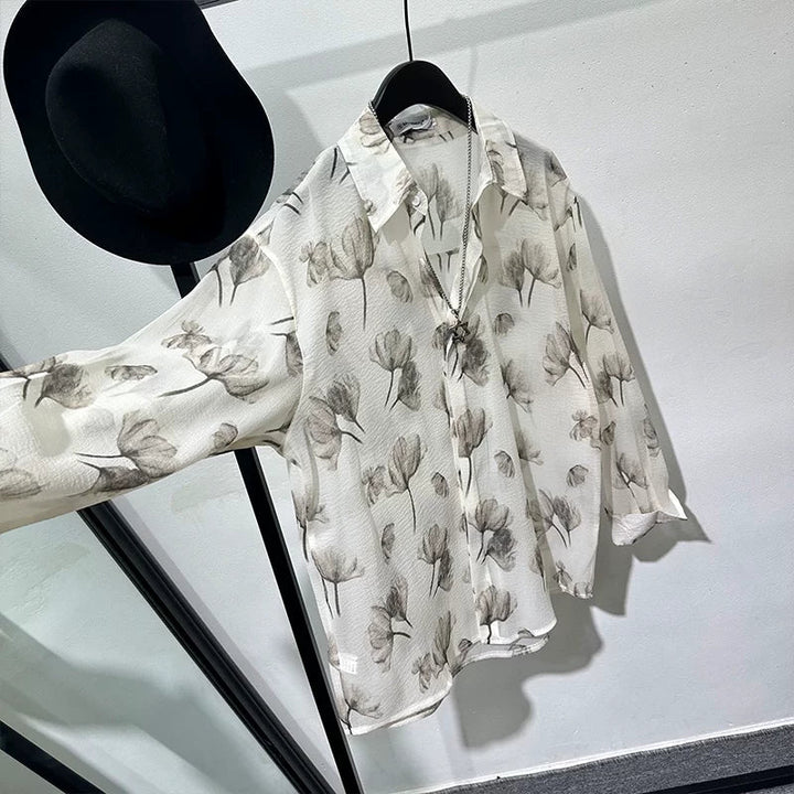Semi-sheer Printed Loose-fit Long-sleeve Shirt