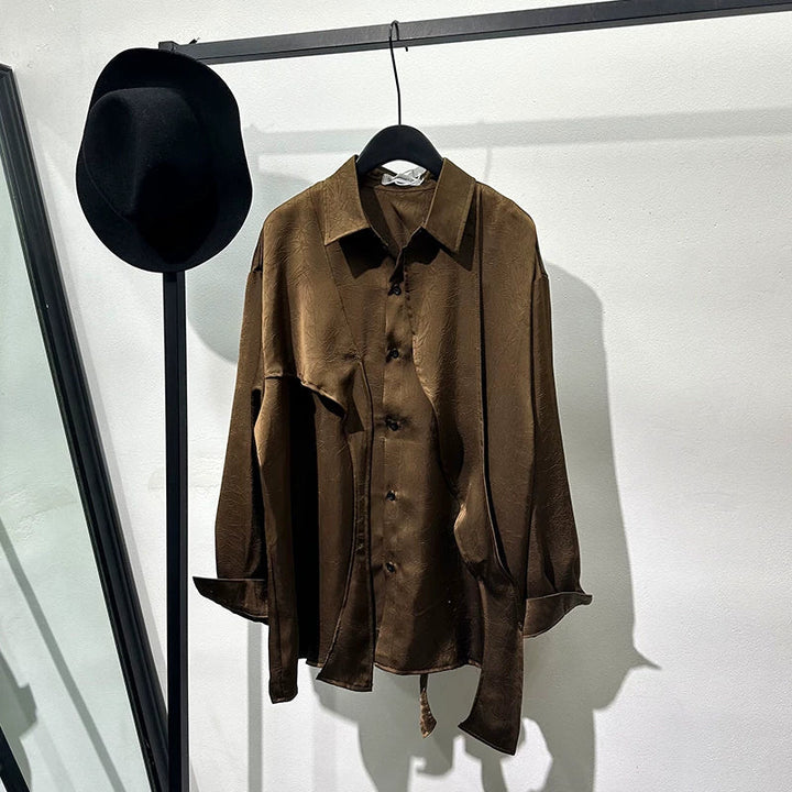Irregular-Ribbon Satin Pleated Shirt