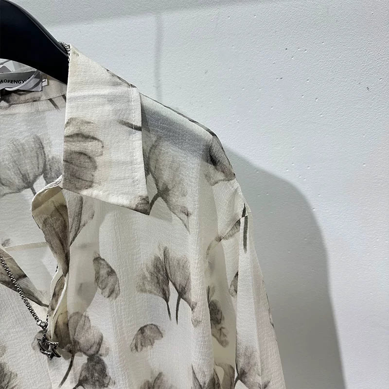 Semi-sheer Printed Loose-fit Long-sleeve Shirt