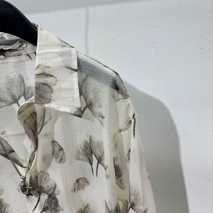 Semi-sheer Printed Loose-fit Long-sleeve Shirt