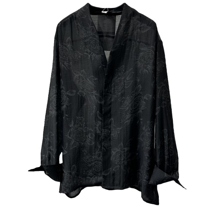 Retro Transparent V-Neck Printed Long-Sleeve Shirt