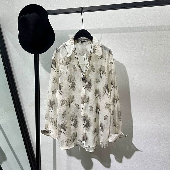 Semi-sheer Printed Loose-fit Long-sleeve Shirt