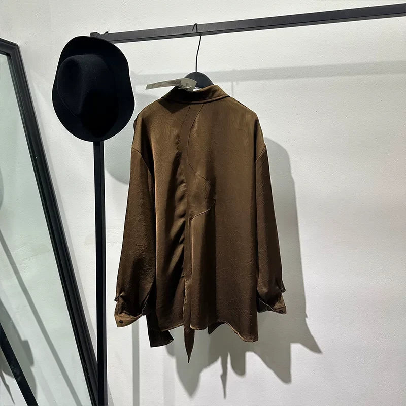 Irregular-Ribbon Satin Pleated Shirt