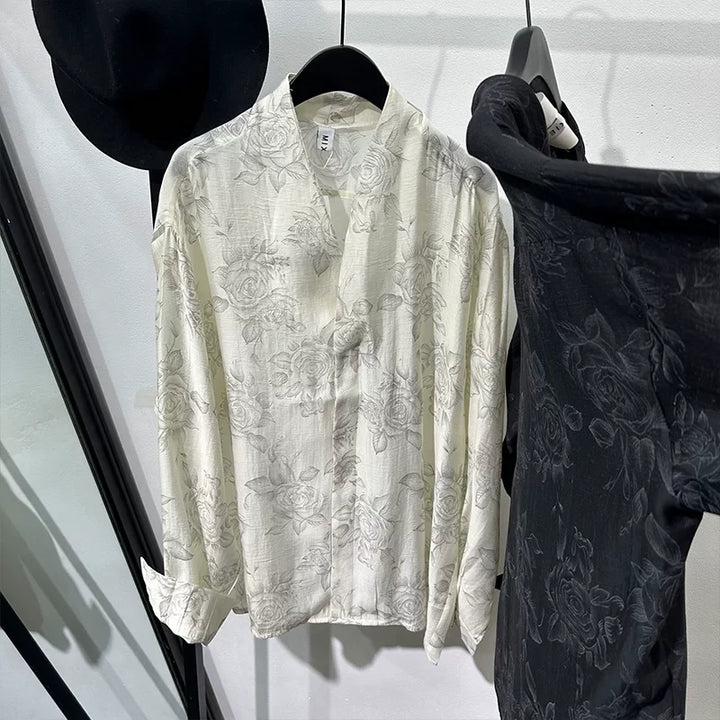 Retro Transparent V-Neck Printed Long-Sleeve Shirt