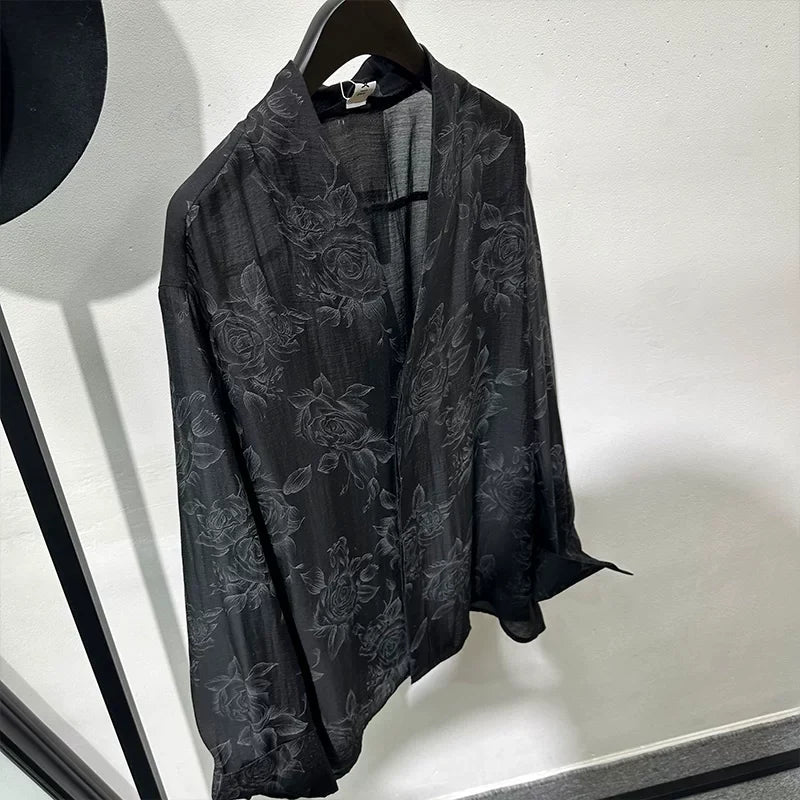 Retro Transparent V-Neck Printed Long-Sleeve Shirt