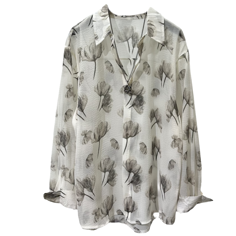 Semi-sheer Printed Loose-fit Long-sleeve Shirt