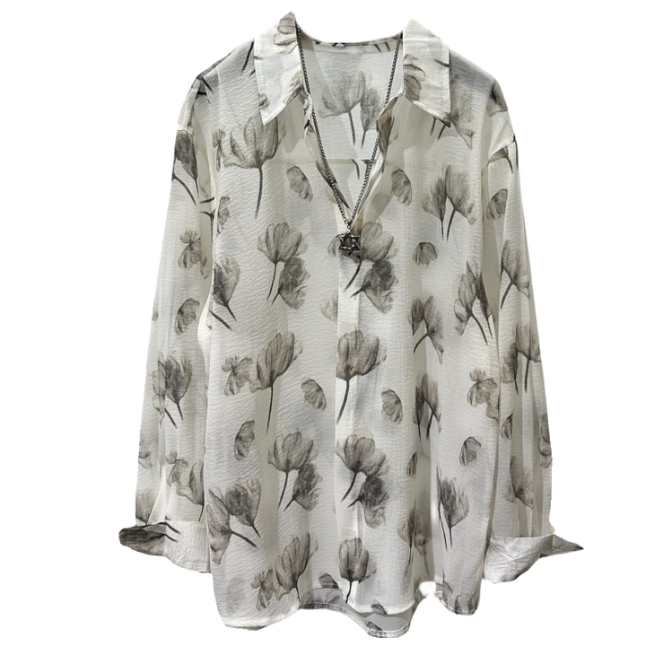 Semi-sheer Printed Loose-fit Long-sleeve Shirt