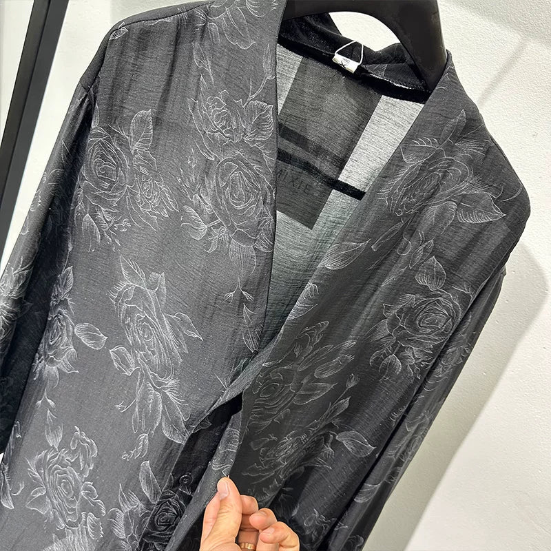 Retro Transparent V-Neck Printed Long-Sleeve Shirt