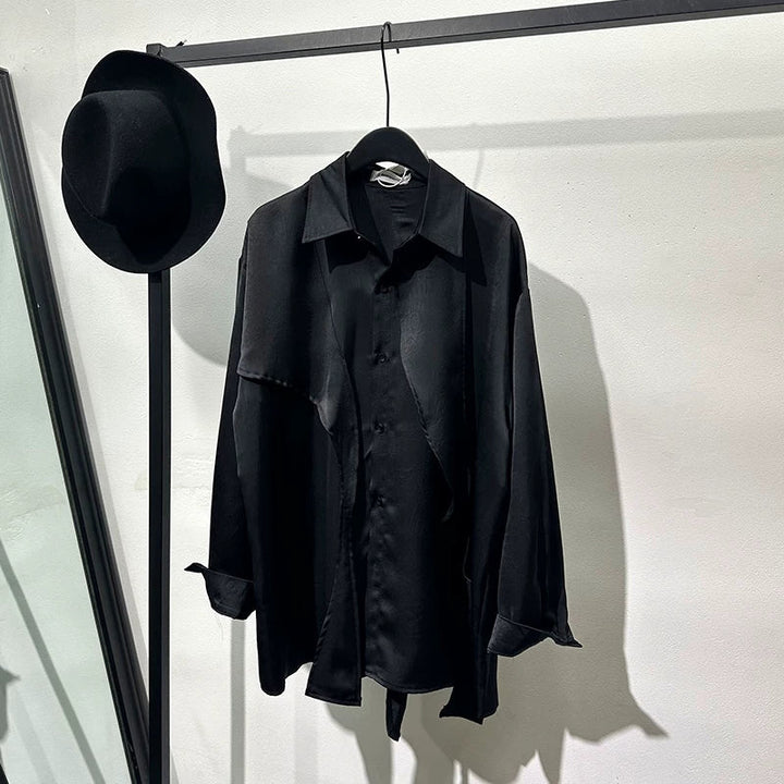 Irregular-Ribbon Satin Pleated Shirt