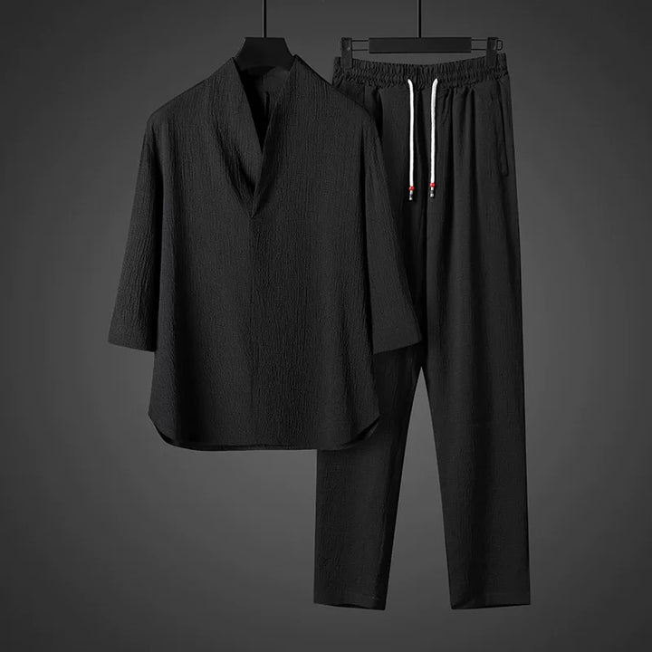Vintage Ice Silk Loose Zen Clothes Half Sleeve T-shirt Drawstring Pants Two-Piece Set