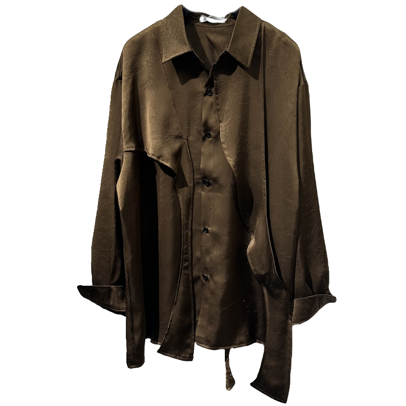 Irregular-Ribbon Satin Pleated Shirt