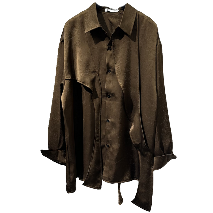 Irregular-Ribbon Satin Pleated Shirt