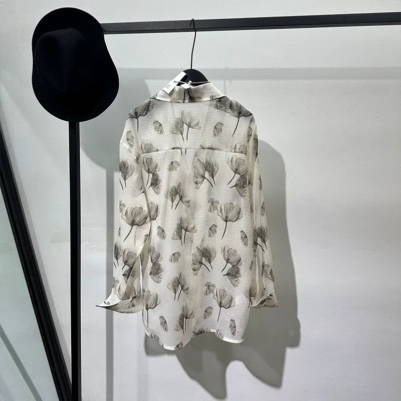 Semi-sheer Printed Loose-fit Long-sleeve Shirt