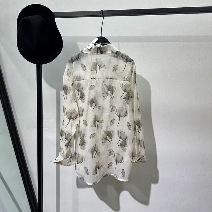 Semi-sheer Printed Loose-fit Long-sleeve Shirt