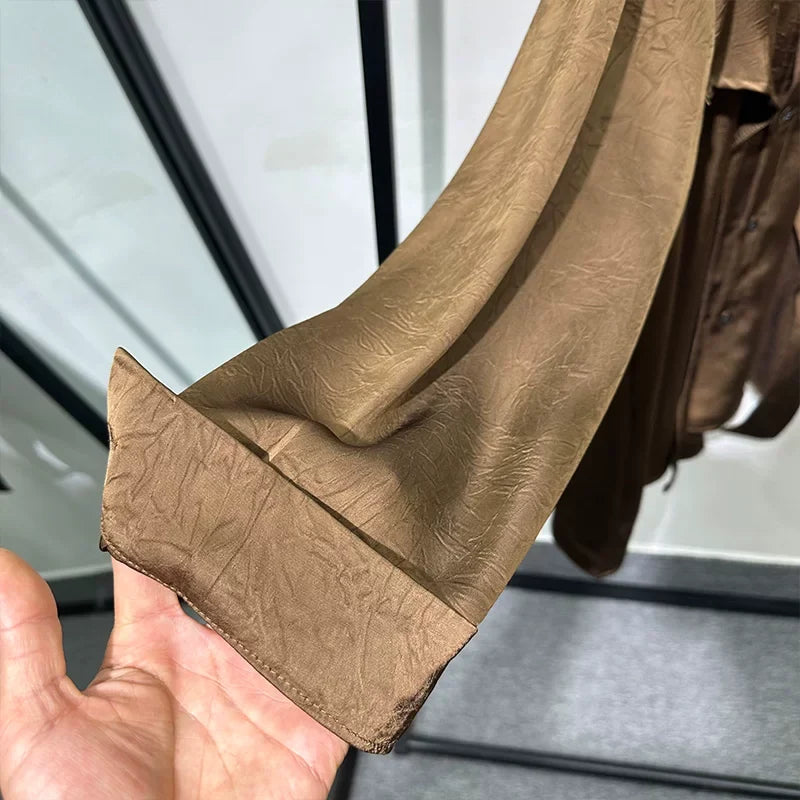 Irregular-Ribbon Satin Pleated Shirt