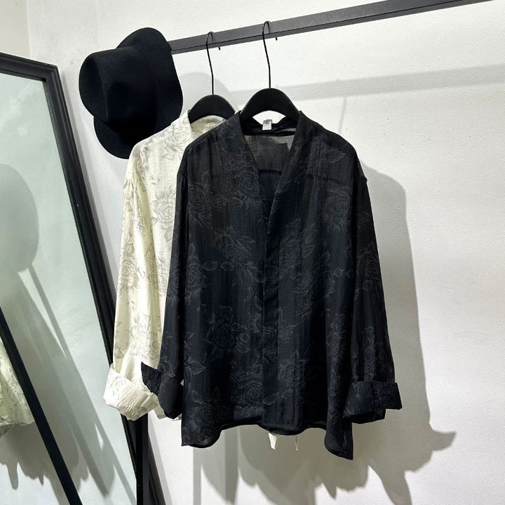 Retro Transparent V-Neck Printed Long-Sleeve Shirt