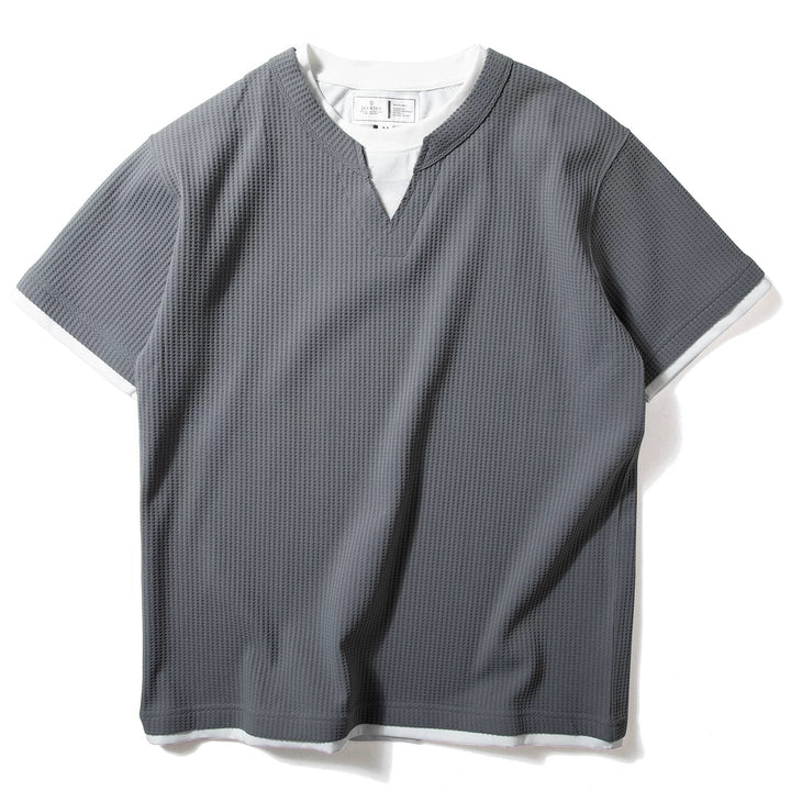 V-neck Faux Two-piece Waffle Knit Loose T-shirt