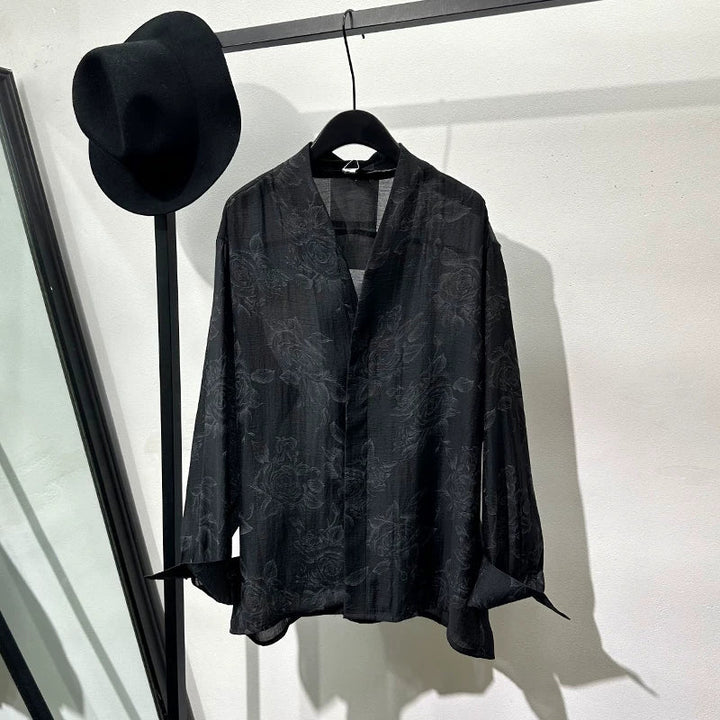 Retro Transparent V-Neck Printed Long-Sleeve Shirt