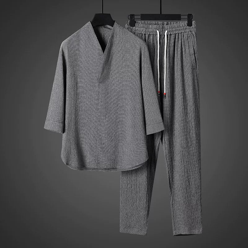 Vintage Ice Silk Loose Zen Clothes Half Sleeve T-shirt Drawstring Pants Two-Piece Set