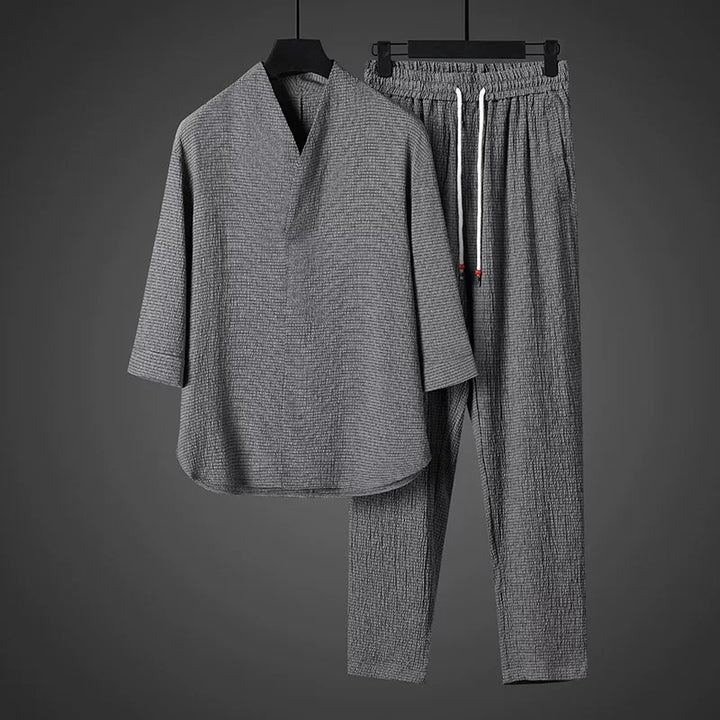Vintage Ice Silk Loose Zen Clothes Half Sleeve T-shirt Drawstring Pants Two-Piece Set