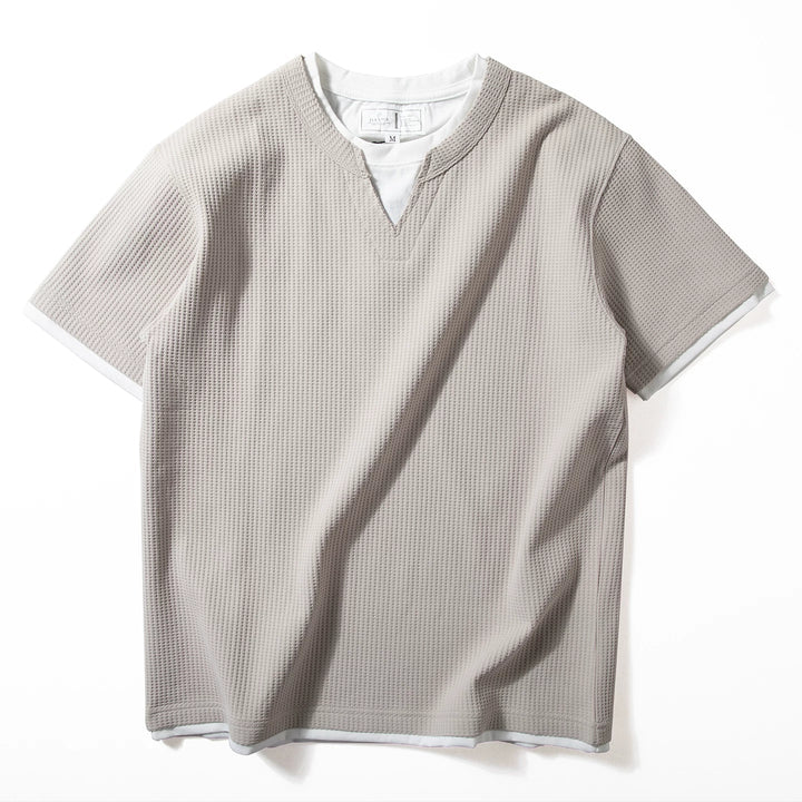 V-neck Faux Two-piece Waffle Knit Loose T-shirt