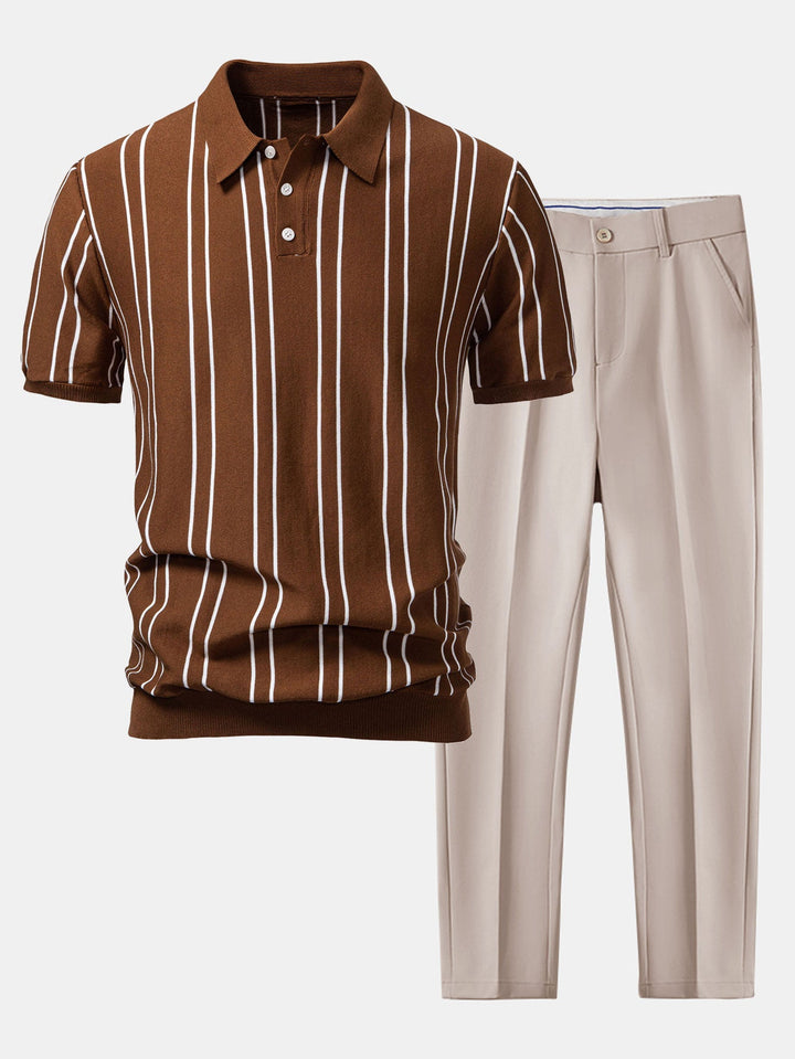 Striped Knitted Polo Shirt &amp; Slim Fit Tapered Trousers