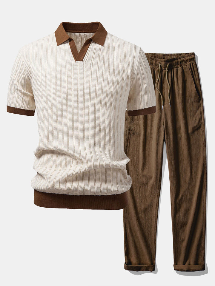 Contrast Textured Johnny Collar Knit Polo &amp; Crinkle Textured Straight Leg Pants