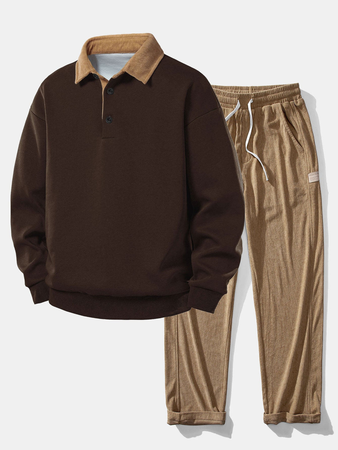 Relax Fit Contrast Corduroy Polo Collar Sweatshirt &amp; Straight Leg Corduroy Pants