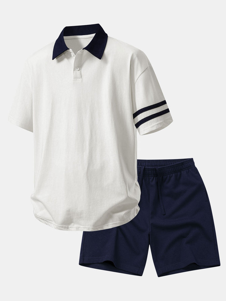 Relax Fit Contrast Collar Polo Shirt &amp; Cotton Drawstring 7" Shorts