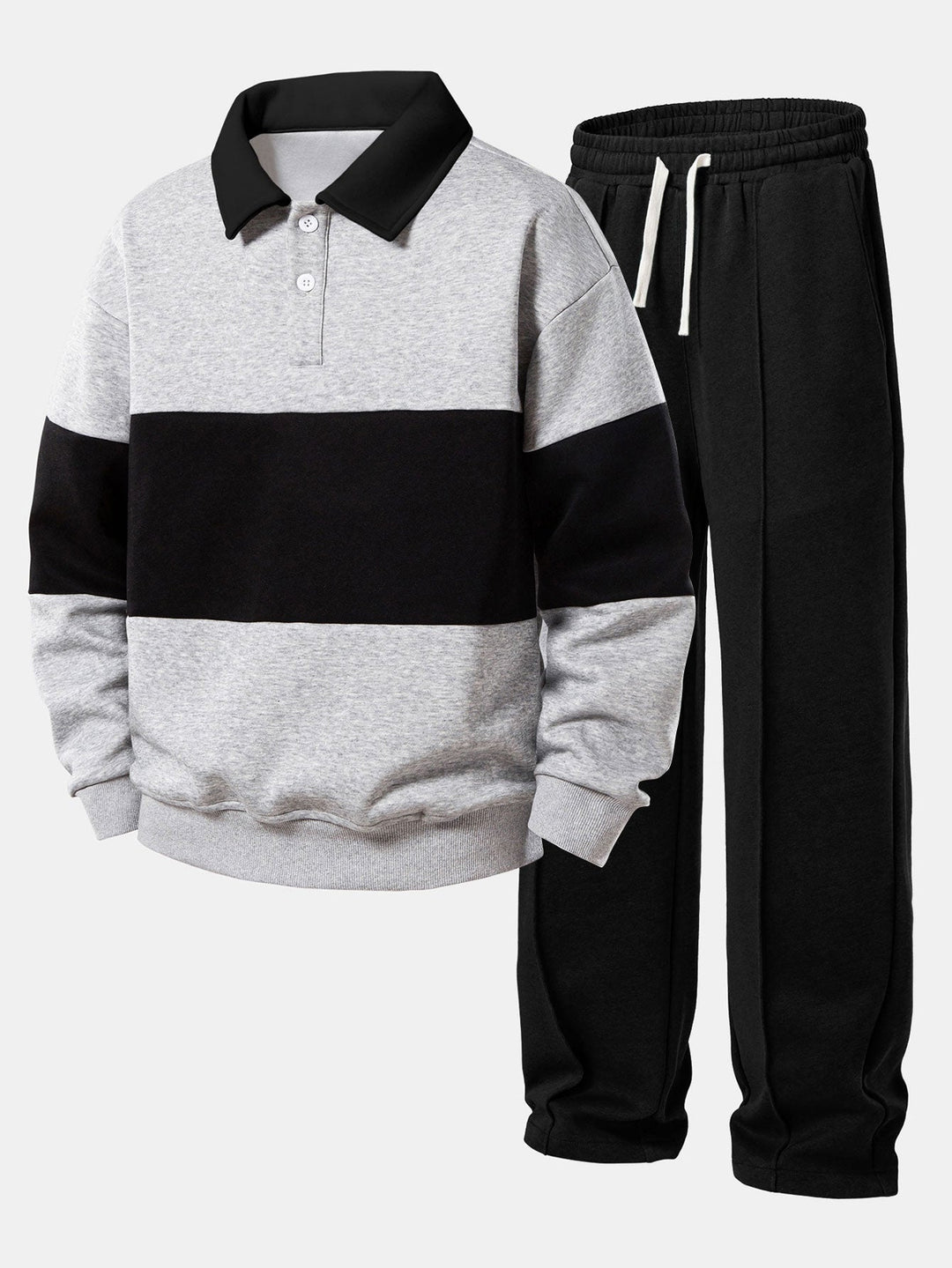 Relax Fit Color Block Polo Collar Sweatshirt &amp; Straight Leg Pleated Pintuck Sweatpants