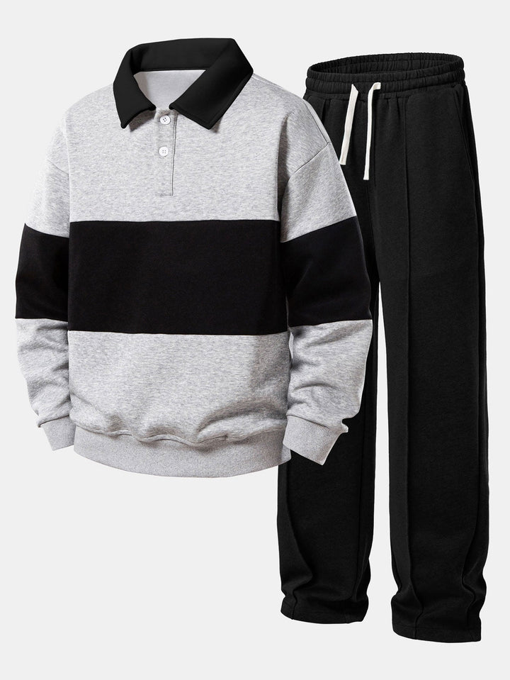 Relax Fit Color Block Polo Collar Sweatshirt &amp; Straight Leg Pleated Pintuck Sweatpants