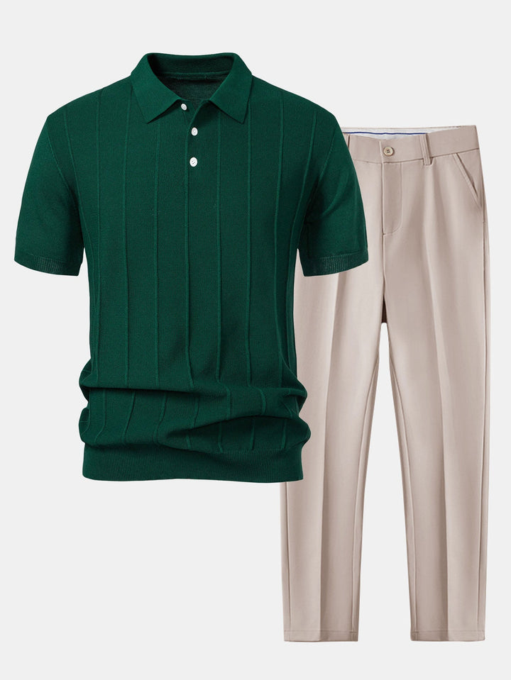 Stripe Jacquard Knit Polo Shirt &amp; Slim Fit Tapered Trousers