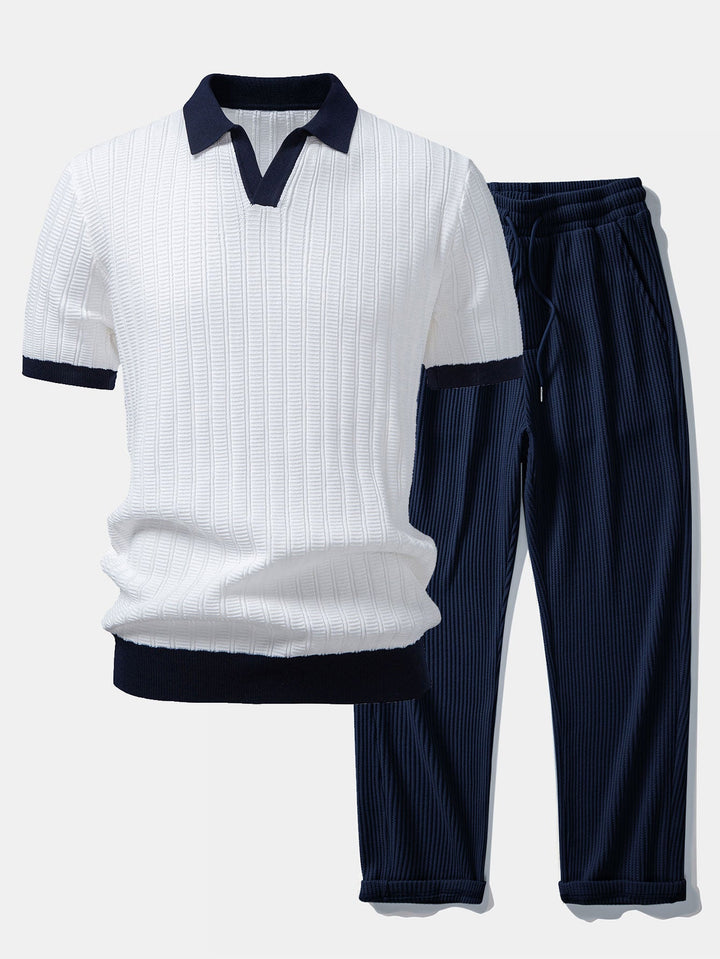 Contrast Textured Johnny Collar Knit Polo &amp; Drawstring Knitted Waffle Pants