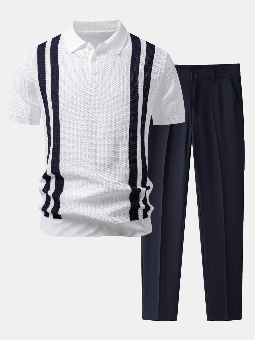 Contrast Textured Knit Polo &amp; Slim Fit Tapered Trousers
