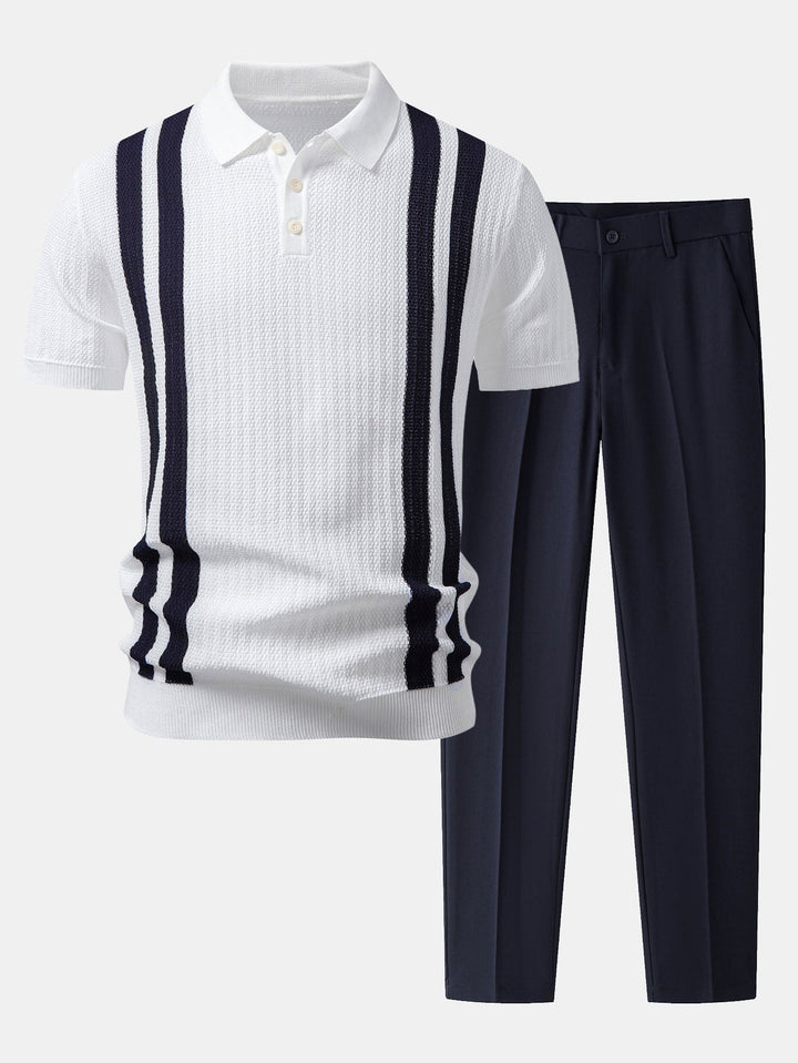 Contrast Textured Knit Polo &amp; Slim Fit Tapered Trousers