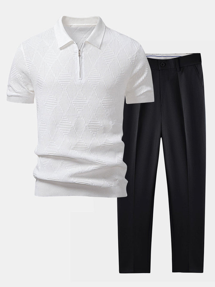 Rhombus Textured Zip Up Knitted Polo Shirt &amp; Slim Fit Tapered Trousers