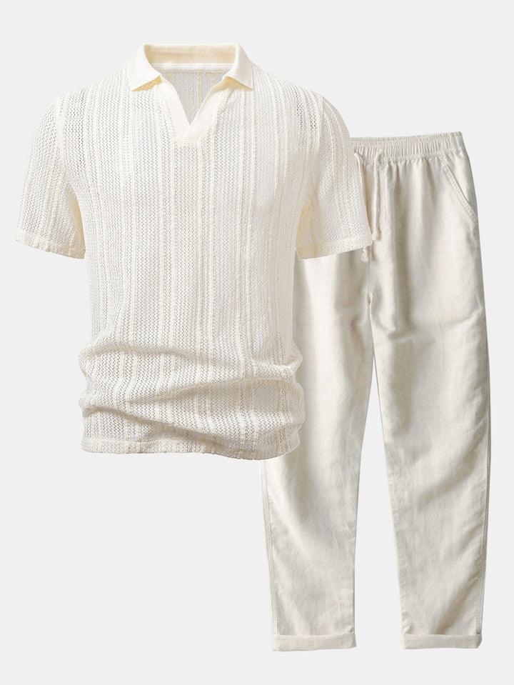 Relax Fit Striped Open Knit Polo &amp; Straight Leg Linen Pants