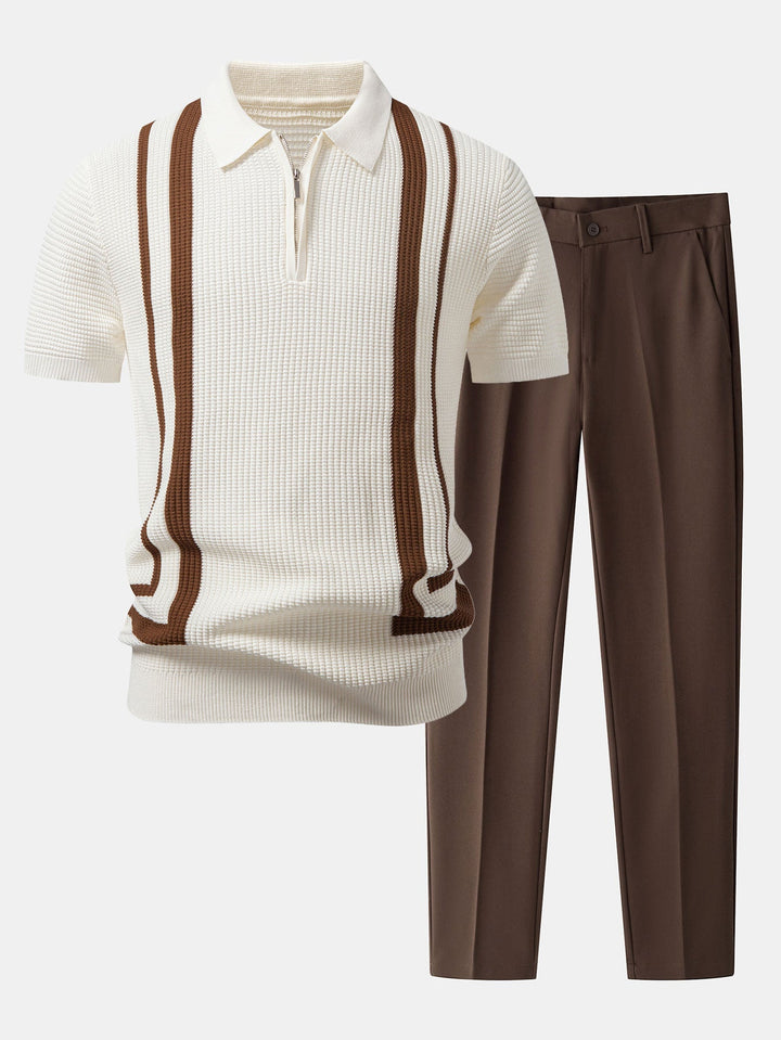 Contrast Waffle Zipper Knit Polo &amp; Slim Fit Tapered Trousers