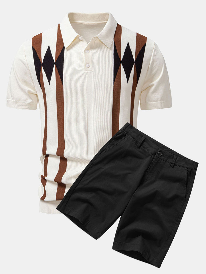 Stripe Geometric Jacquard Knitted Polo Shirt &amp; Cotton Chino Shorts