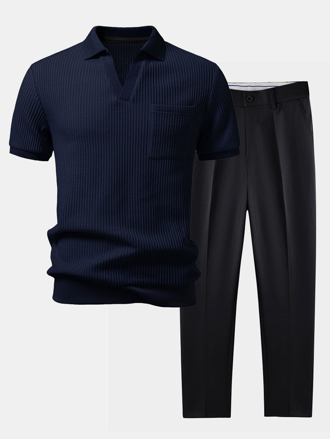 Waffle Johnny Collar Polo With Pocket &amp; Slim Fit Tapered Trousers