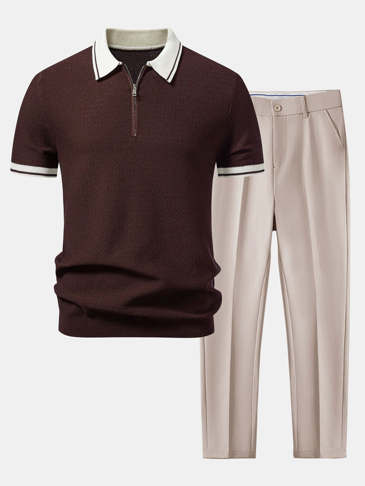 Contrast Zipper Knit Polo &amp; Slim Fit Tapered Trousers