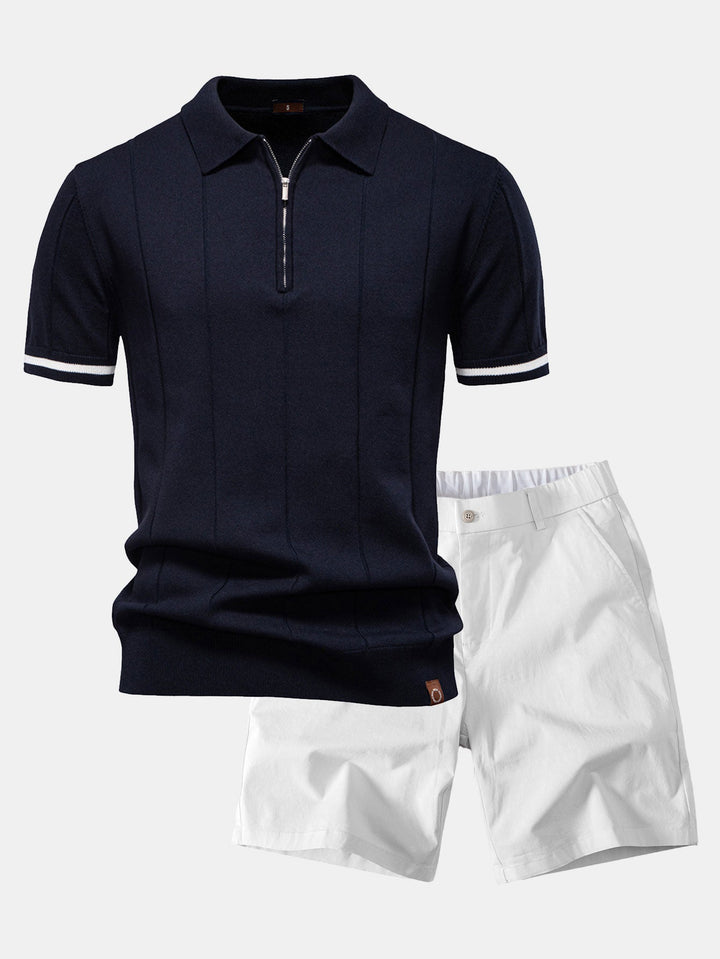 Contrast Trim Zipper Knit Polo Shirt &amp; Elastic Waist Chino Shorts