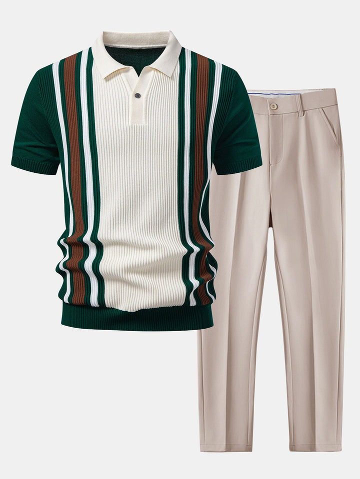 Contrast Striped Ribbed Knit Polo &amp; Slim Fit Tapered Trousers