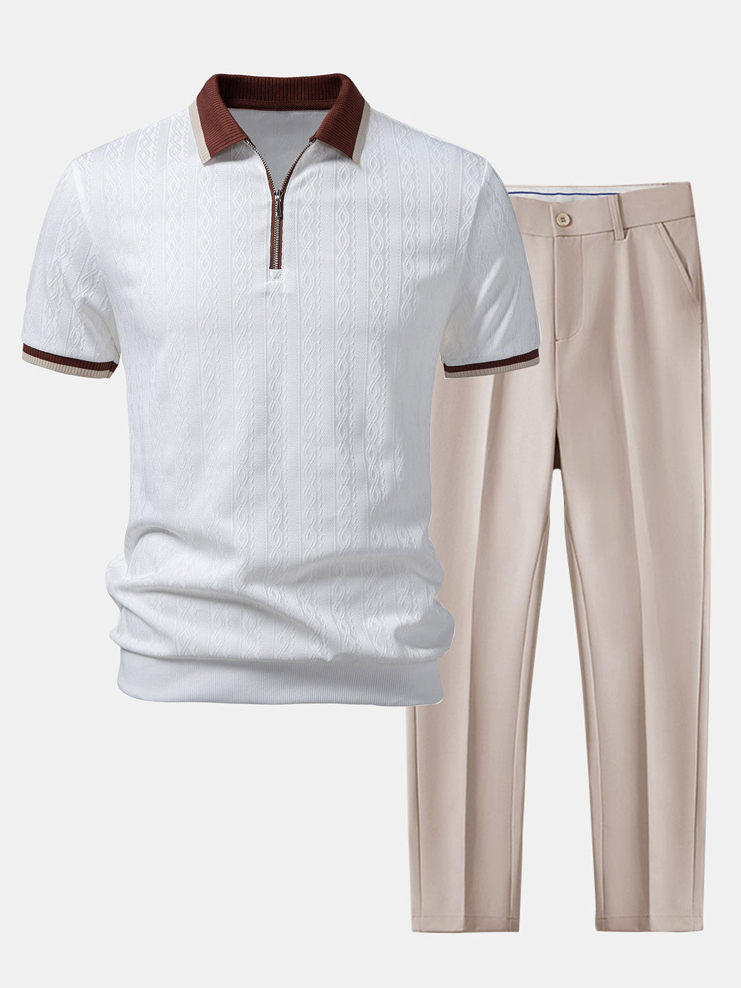 Contrast Trim Textured Zipper Knit Polo &amp; Slim Fit Tapered Trousers