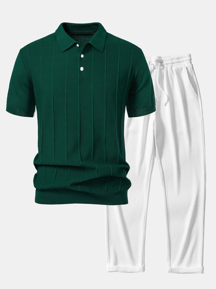 Stripe Jacquard Knit Polo Shirt &amp; Straight Leg Ribbed Pants