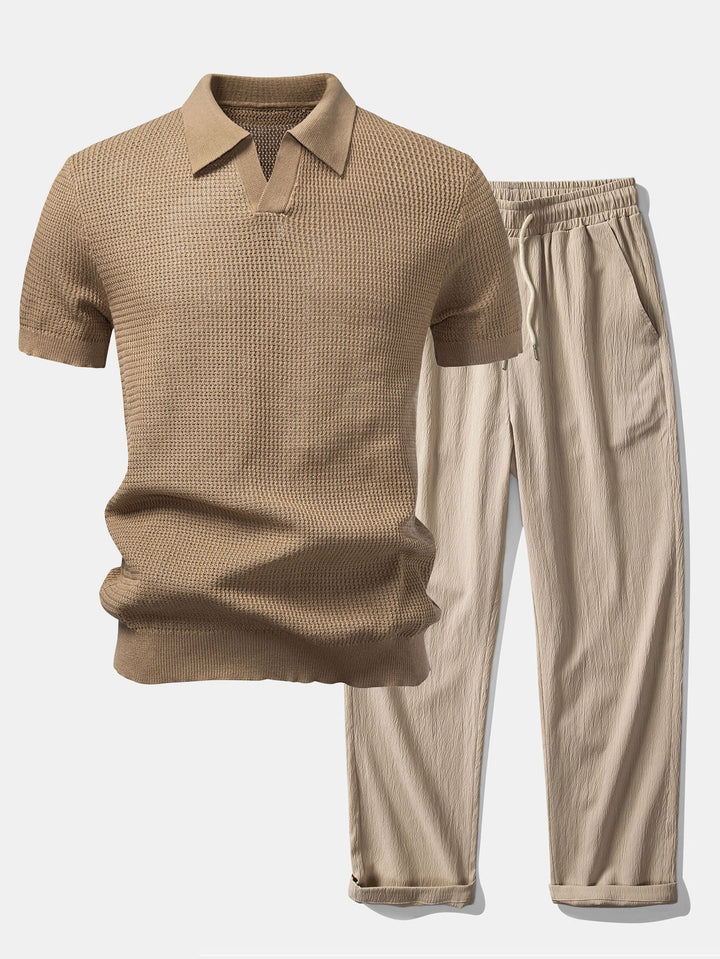 Textured Johnny Collar Crocheted Knit Polo &amp; Crinkle Textured Straight Leg Pants