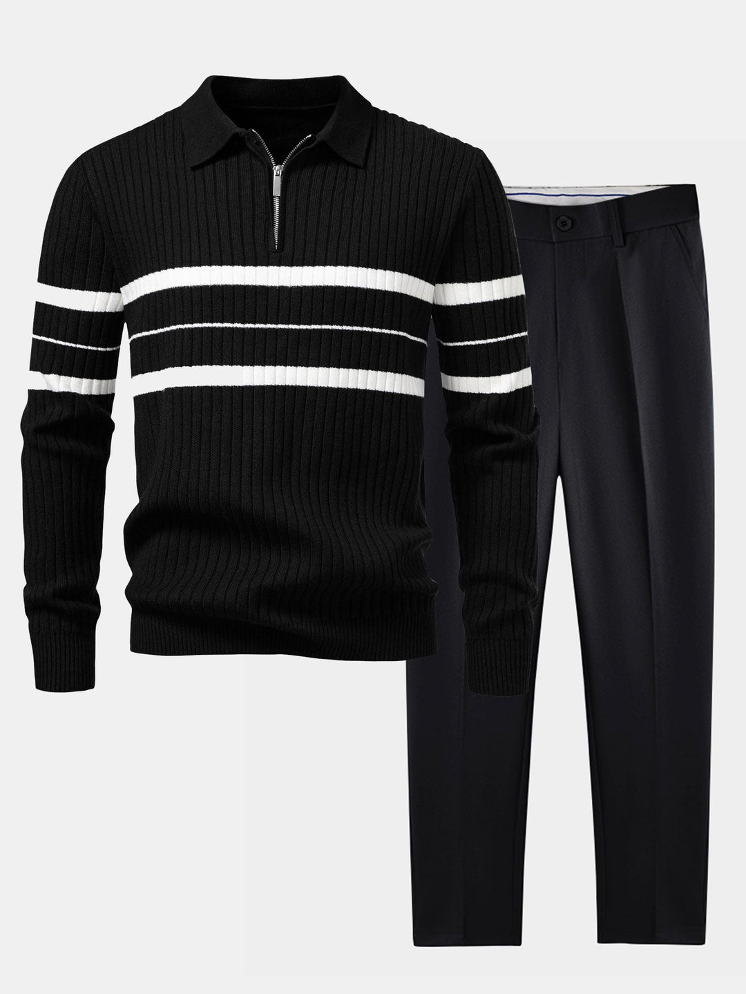 Stripe Zip Knit Ribbed Polo Shirt &amp; Slim Fit Tapered Trousers