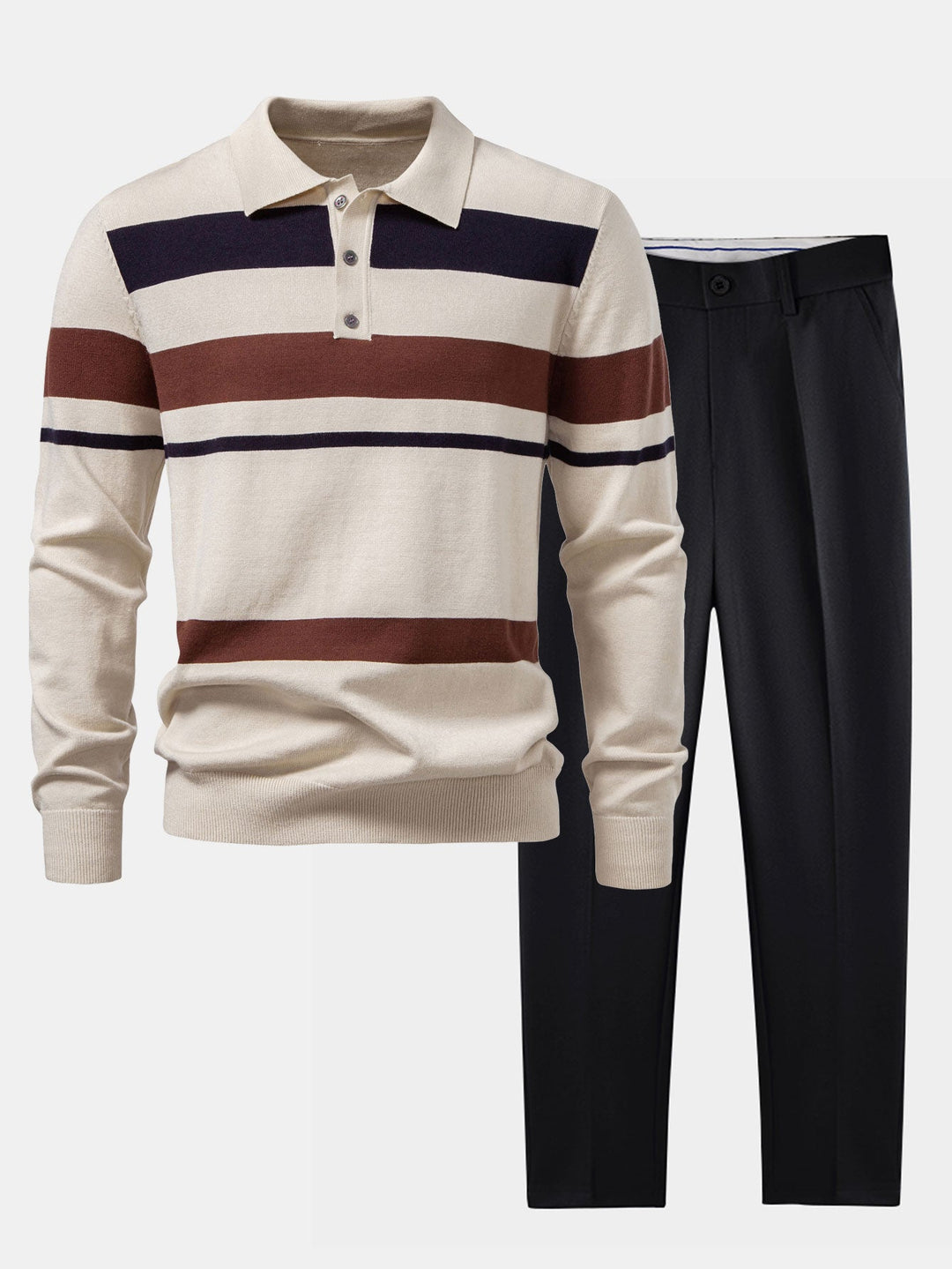 Long Sleeve Stripe Knit Polo Shirt &amp; Slim Fit Tapered Trousers