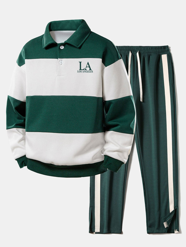 Relax Fit Los Angeles Print Color Block Polo Sweatshirt &amp; Slit Hem Stripe Pants