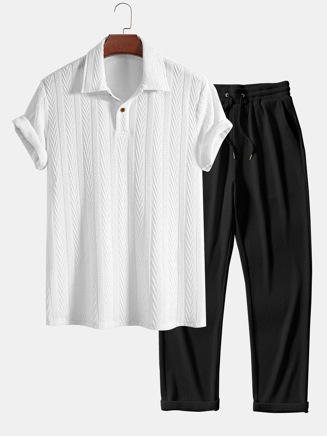 Short Sleeve Jacquard Polo &amp; Straight Leg Ribbed Pants